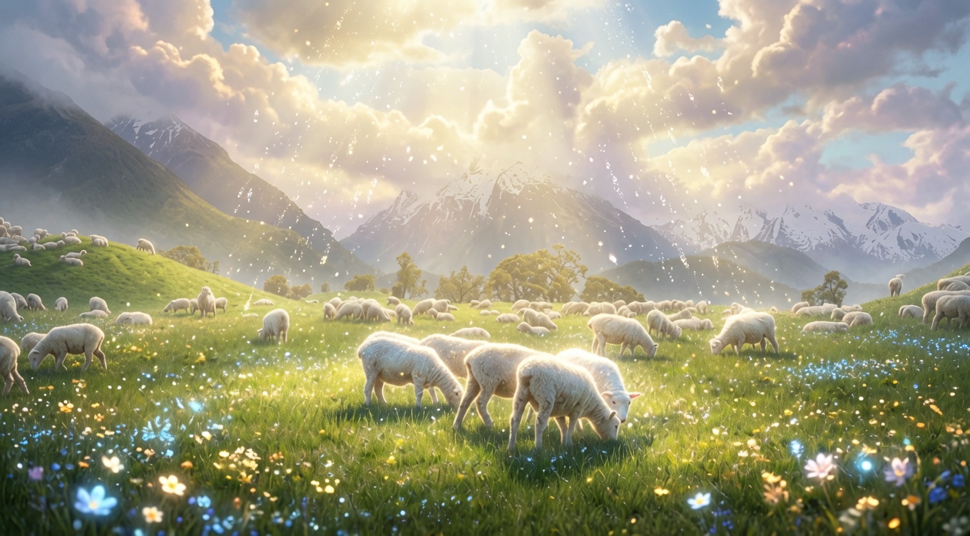 Sunlit sheep meadow representing the Manna of the Lamb brand world